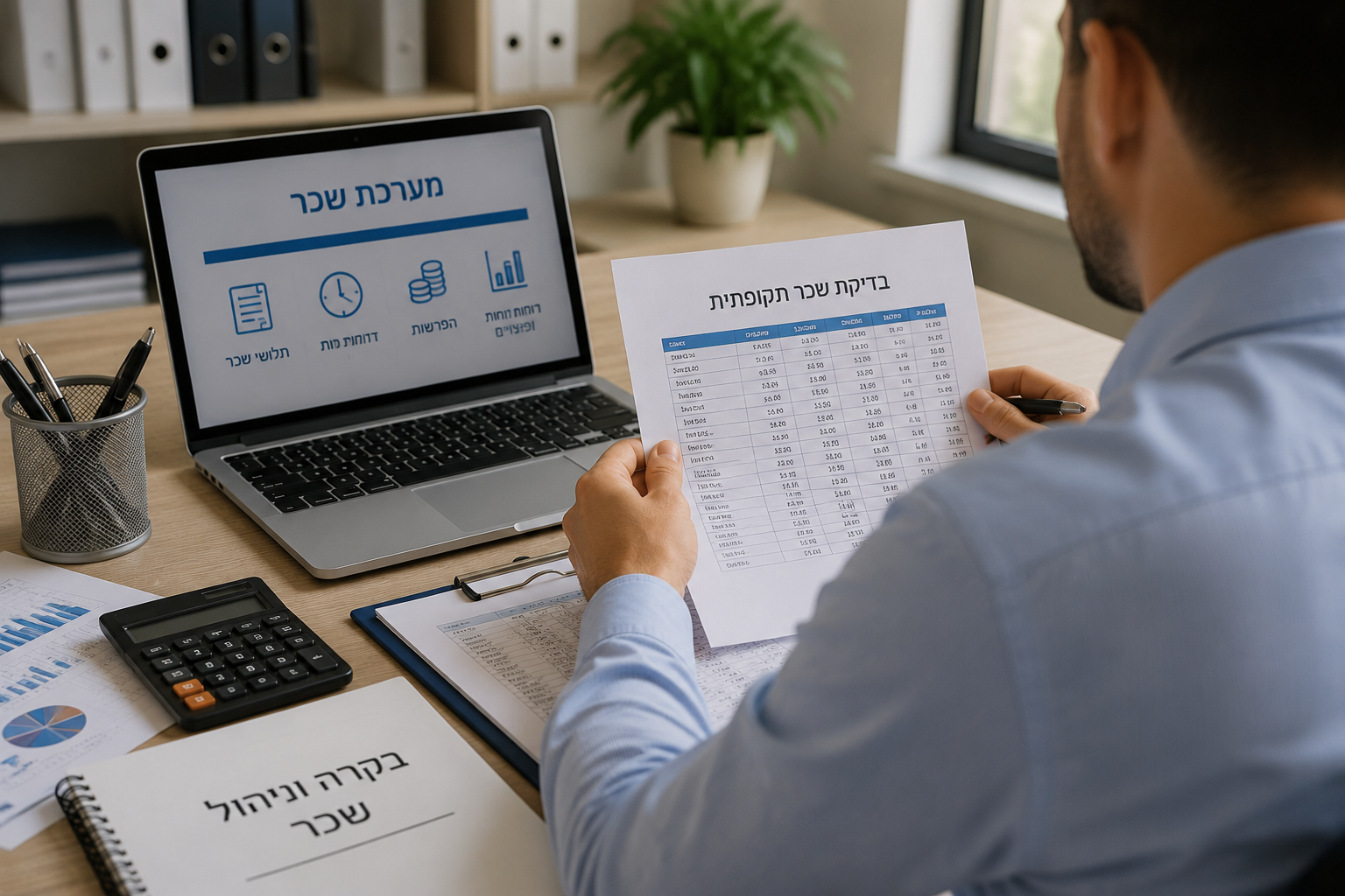 בדיקת שכר תקופתית לעסק עם ניתוח מסמכי שכר ודוחות עובדים על ידי בודק שכר מוסמך