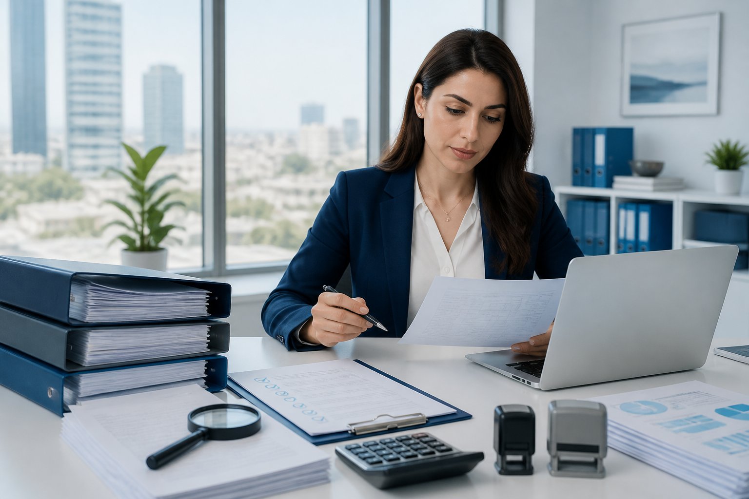 בודק שכר בוחן מסמכי שכר ונתוני compliance במשרד מודרני.